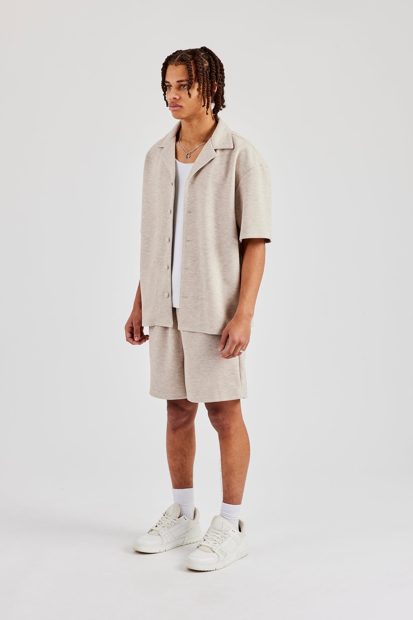 Textured Revere Collar Shirt & Short - Stone